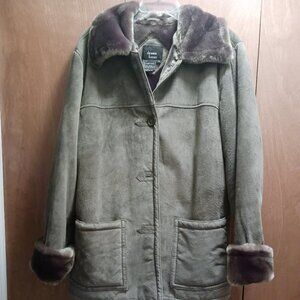 Dennis Basso suede leather coat with faux fur lining and cuffs